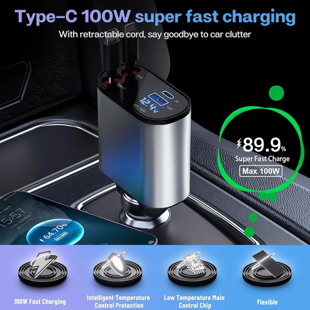TrendTekk Retractable Car Charger 120W, 4 In 1 Fast Car Phone Charger, Retractable Cables, 2 USB Ports, Compatible With iPhone TrendTekk