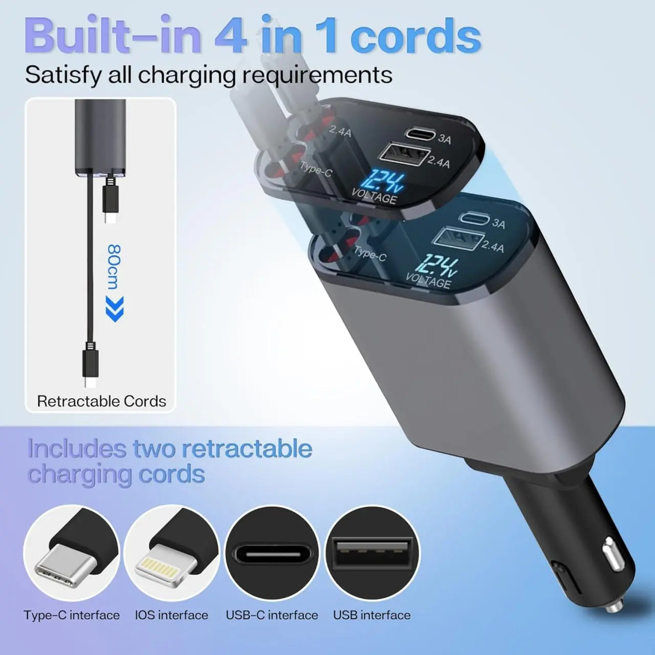TrendTekk Retractable Car Charger 120W, 4 In 1 Fast Car Phone Charger, Retractable Cables, 2 USB Ports, Compatible With iPhone TrendTekk