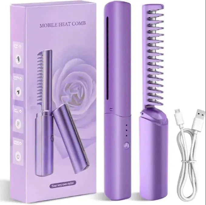 Rechargeable Mini Hair Straightener Comb Brush, Travel Portable USB Charging Cordless Hair Straightener Brush, Three Temperature Adjustments Flat Iron Comb TrendTekk