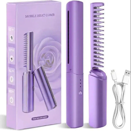 Rechargeable Mini Hair Straightener Comb Brush, Travel Portable USB Charging Cordless Hair Straightener Brush, Three Temperature Adjustments Flat Iron Comb TrendTekk