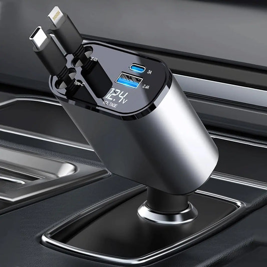 TrendTekk Retractable Car Charger 120W, 4 In 1 Fast Car Phone Charger, Retractable Cables, 2 USB Ports, Compatible With iPhone TrendTekk