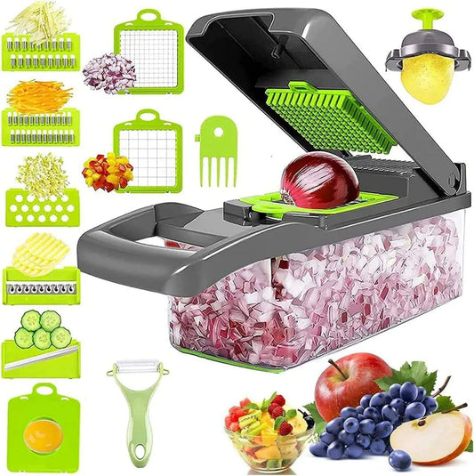 Vegetable Chopper | Veggie Chopper| 14 in 1 Multifunctional Food Chopper | Onions Chopper Mandoline Slicer | Rapid Vegetable Cutter Dicer | Kitchen Gadgets with 8 Stainless Steel Blade Drain Basket & Container TrendTekk