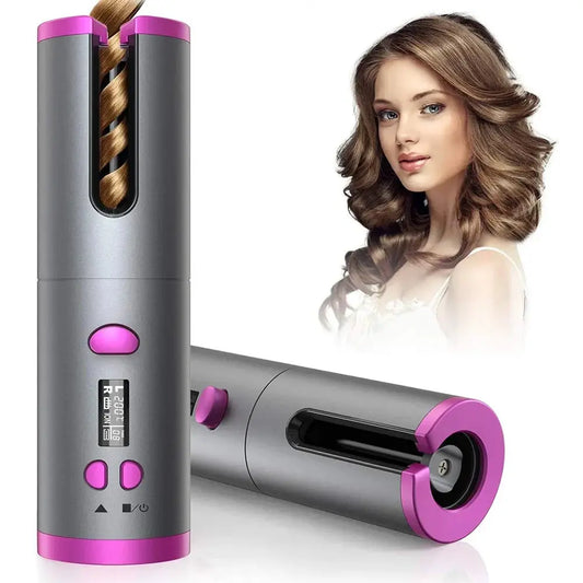 Hair Curler - Cordless Automatic Hair Curler Portable Curling Iron With LCD Temperature Display Fast Heating Auto Rotating Hair Curler USB Rechargeable For Travel Home, Grey and Pink TrendTekk