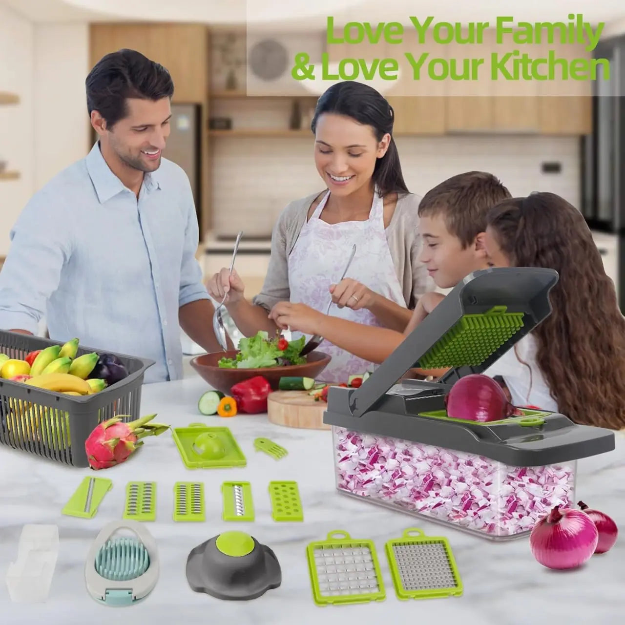 Vegetable Chopper | Veggie Chopper| 14 in 1 Multifunctional Food Chopper | Onions Chopper Mandoline Slicer | Rapid Vegetable Cutter Dicer | Kitchen Gadgets with 8 Stainless Steel Blade Drain Basket & Container TrendTekk