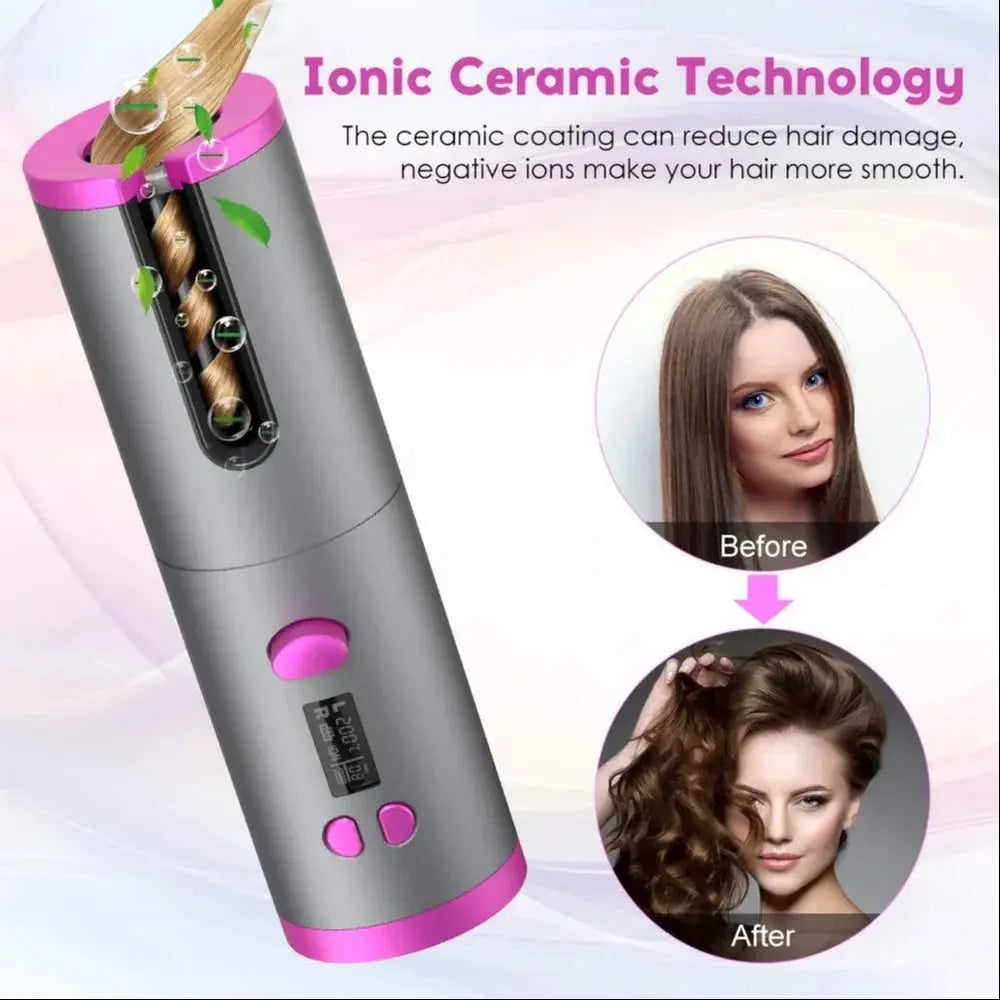Hair Curler - Cordless Automatic Hair Curler Portable Curling Iron With LCD Temperature Display Fast Heating Auto Rotating Hair Curler USB Rechargeable For Travel Home, Grey and Pink TrendTekk