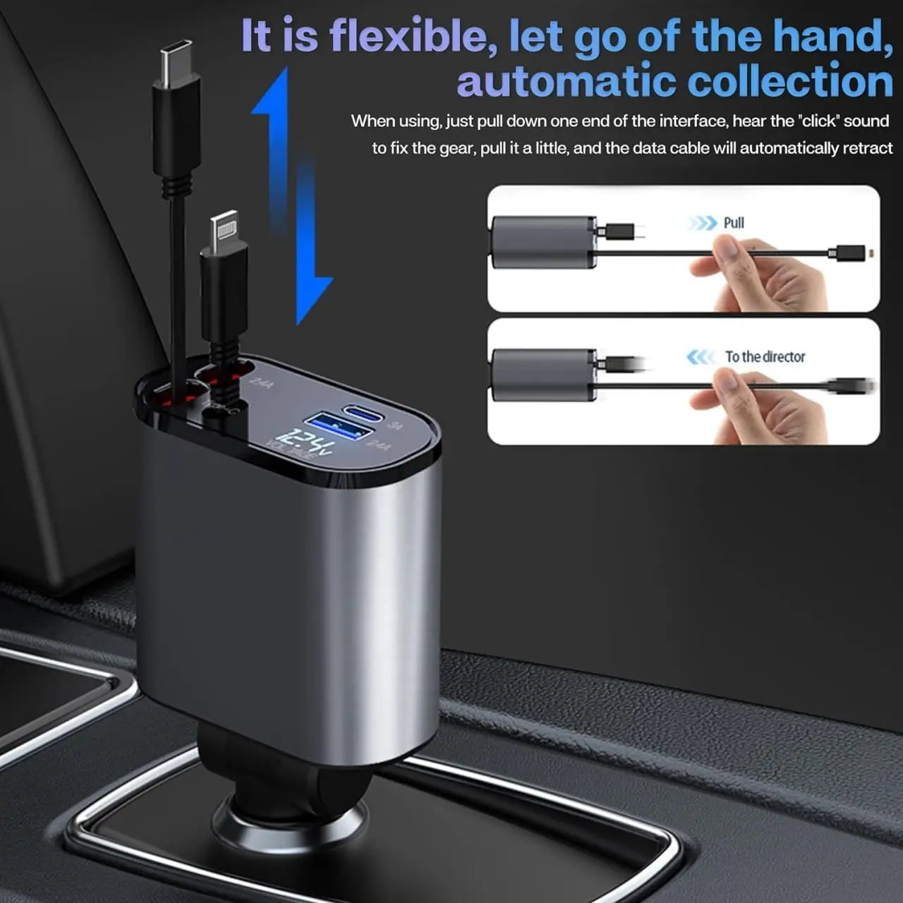 TrendTekk Retractable Car Charger 120W, 4 In 1 Fast Car Phone Charger, Retractable Cables, 2 USB Ports, Compatible With iPhone TrendTekk
