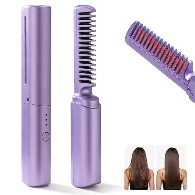 Rechargeable Mini Hair Straightener Comb Brush, Travel Portable USB Charging Cordless Hair Straightener Brush, Three Temperature Adjustments Flat Iron Comb TrendTekk