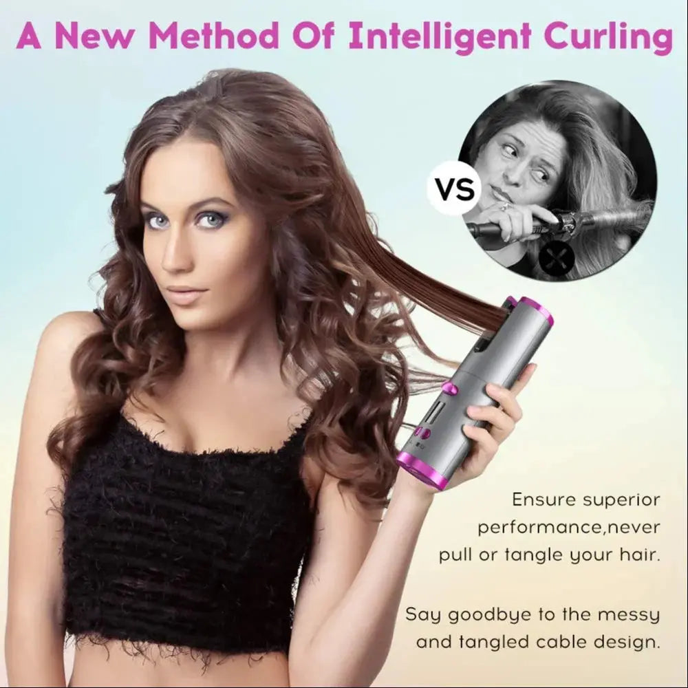 Hair Curler - Cordless Automatic Hair Curler Portable Curling Iron With LCD Temperature Display Fast Heating Auto Rotating Hair Curler USB Rechargeable For Travel Home, Grey and Pink TrendTekk