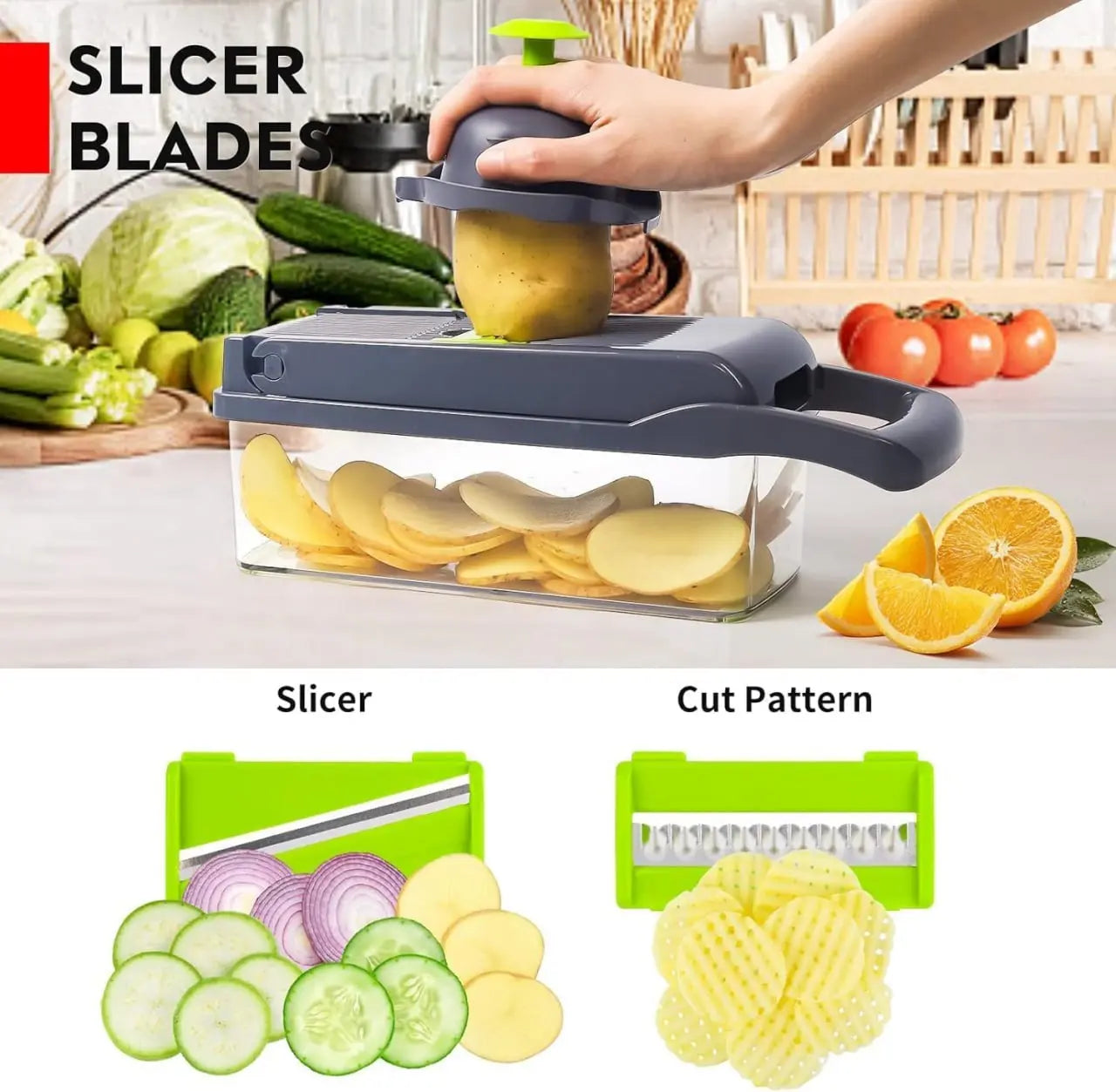 Vegetable Chopper | Veggie Chopper| 14 in 1 Multifunctional Food Chopper | Onions Chopper Mandoline Slicer | Rapid Vegetable Cutter Dicer | Kitchen Gadgets with 8 Stainless Steel Blade Drain Basket & Container TrendTekk