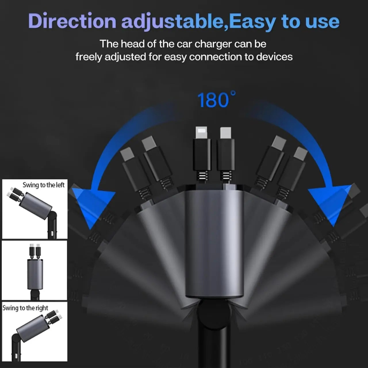 TrendTekk Retractable Car Charger 120W, 4 In 1 Fast Car Phone Charger, Retractable Cables, 2 USB Ports, Compatible With iPhone TrendTekk