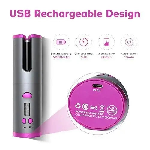 Hair Curler - Cordless Automatic Hair Curler Portable Curling Iron With LCD Temperature Display Fast Heating Auto Rotating Hair Curler USB Rechargeable For Travel Home, Grey and Pink TrendTekk