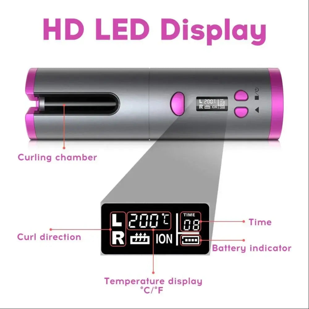 Hair Curler - Cordless Automatic Hair Curler Portable Curling Iron With LCD Temperature Display Fast Heating Auto Rotating Hair Curler USB Rechargeable For Travel Home, Grey and Pink TrendTekk