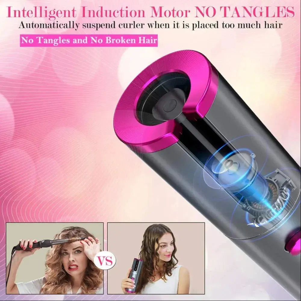 Hair Curler - Cordless Automatic Hair Curler Portable Curling Iron With LCD Temperature Display Fast Heating Auto Rotating Hair Curler USB Rechargeable For Travel Home, Grey and Pink TrendTekk