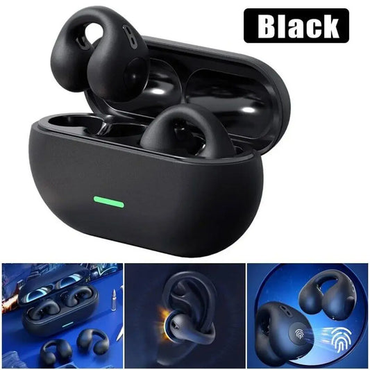 Airdopes Loop OWS Earbuds w/Clip-On Fit, Air Conduction Tech, 5.3 chip, panoramic surround stereo sound, touch control, 300HRS stand by duration, 4Mics ENx, 12mm Drivers, 40ms Latency, ASAP Charge, OWS Ear Buds Earphones (Cool Black) TrendTekk